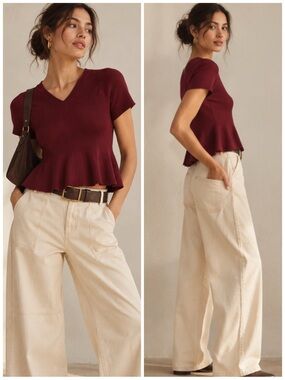 Maeve Short Sleeve High Hourglass Ruffle Sweater Peplum Knit Top Small
